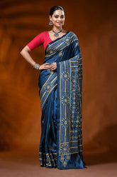 Handcrafted denim blue silk kantha work saree - geometric design 6
