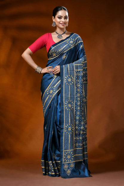 Handcrafted denim blue silk kantha work saree - geometric design 6