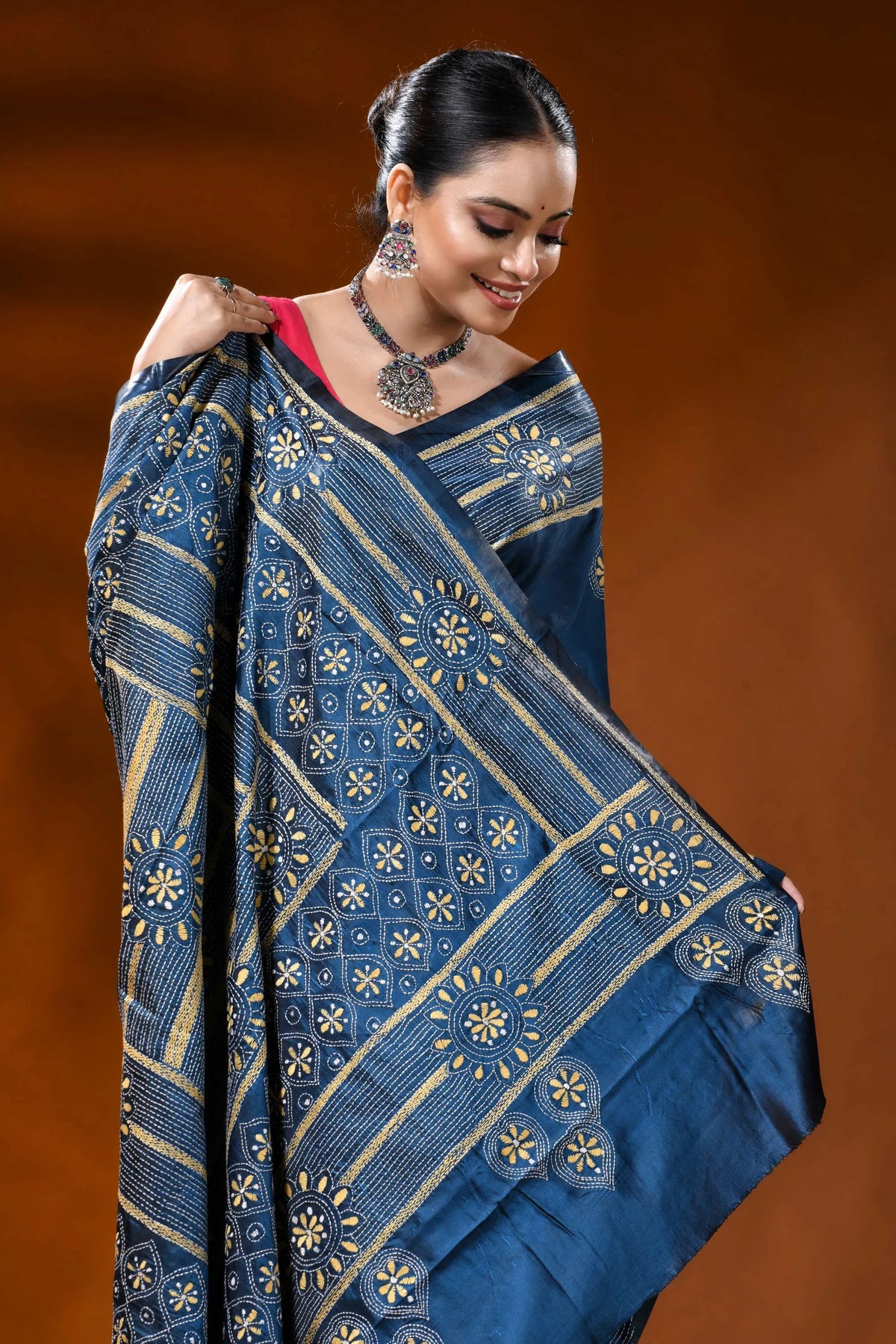 Handcrafted denim blue silk kantha work saree - geometric design 2