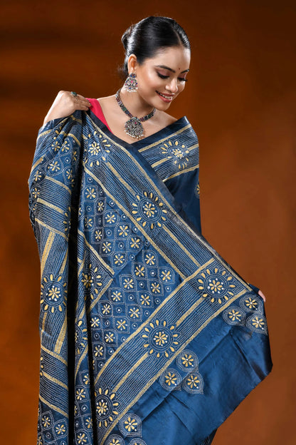 Handcrafted denim blue silk kantha work saree - geometric design 2