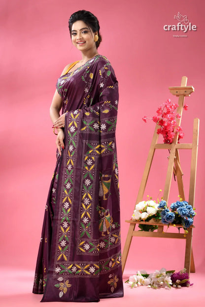 Handcrafted designer plum kantha stitch saree woman dark purple saree elaborate 4
