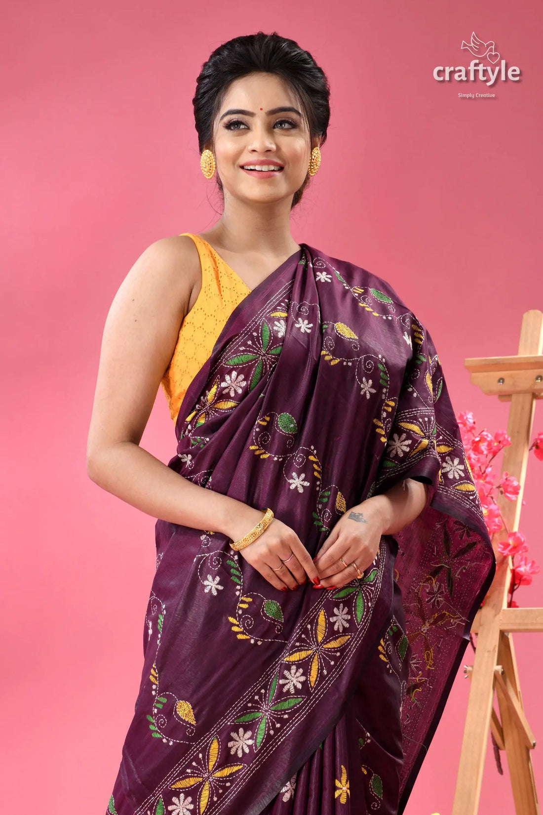 Handcrafted designer plum kantha stitch saree woman dark purple silk saree 2