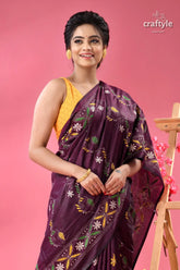 Handcrafted designer plum kantha stitch saree woman dark purple silk saree 2