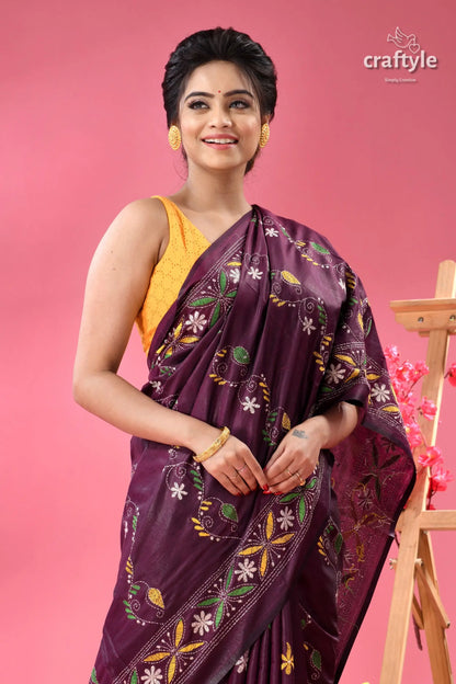 Handcrafted designer plum kantha stitch saree woman dark purple silk saree 2