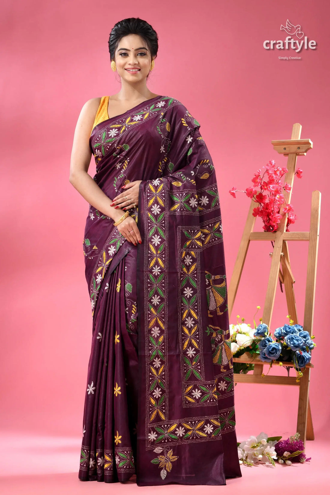Handcrafted designer plum kantha stitch saree woman dark purple saree intricate 1