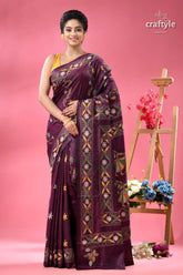 Handcrafted designer plum kantha stitch saree woman dark purple saree intricate 1
