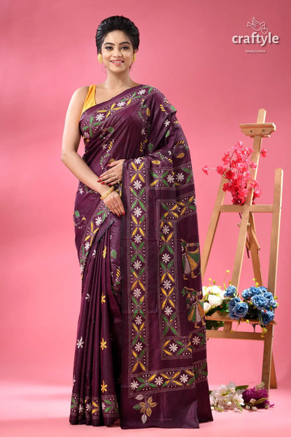 Handcrafted designer plum kantha stitch saree woman dark purple saree intricate 1