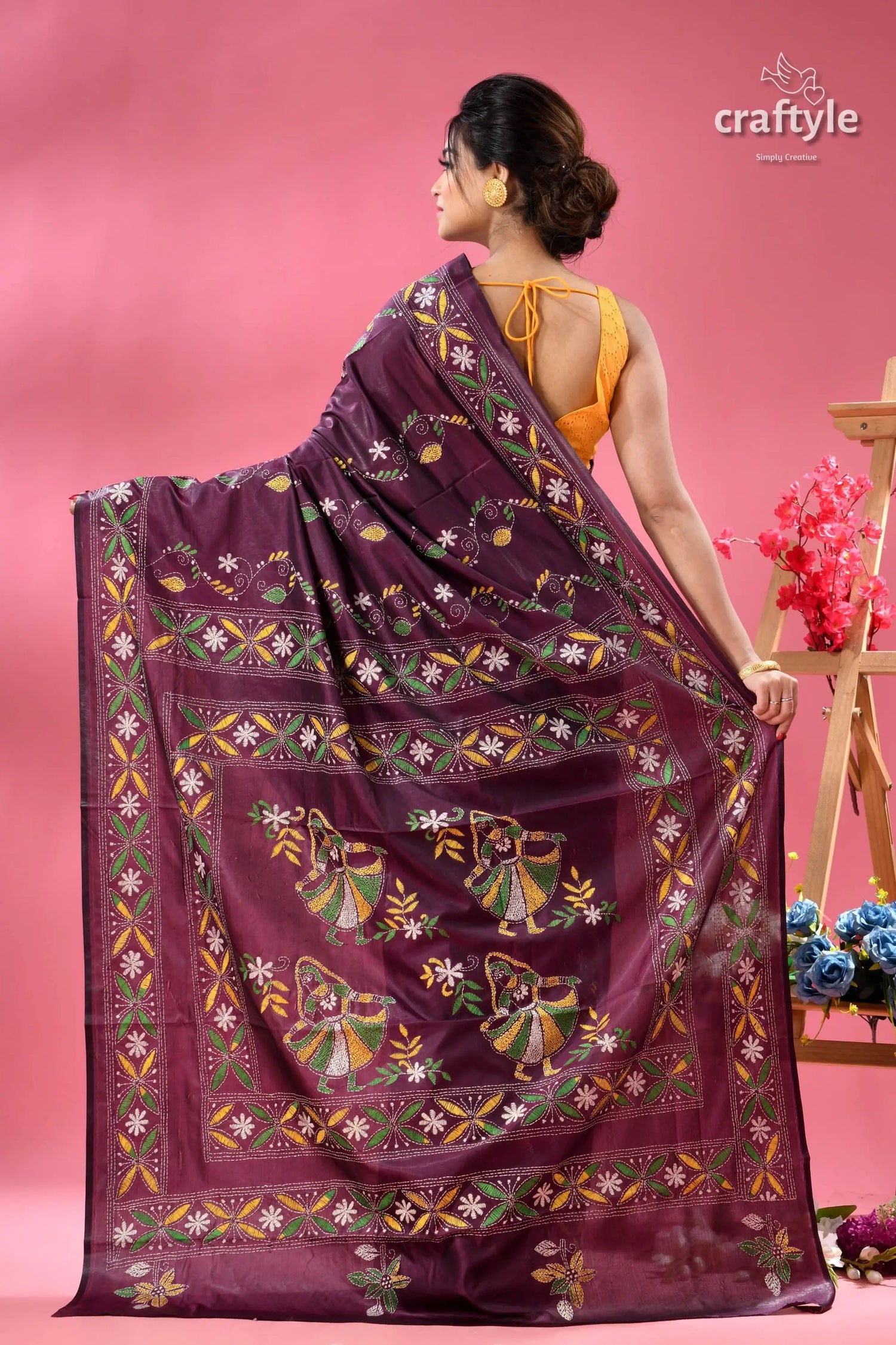 Handcrafted designer plum kantha stitch saree woman dark purple kantha stitch 5
