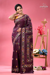 Handcrafted designer plum kantha stitch saree woman dark purple silk saree 6