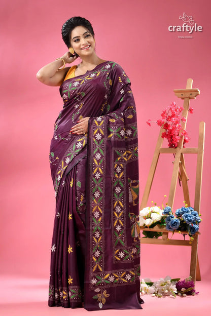 Handcrafted designer plum kantha stitch saree woman dark purple silk saree 6