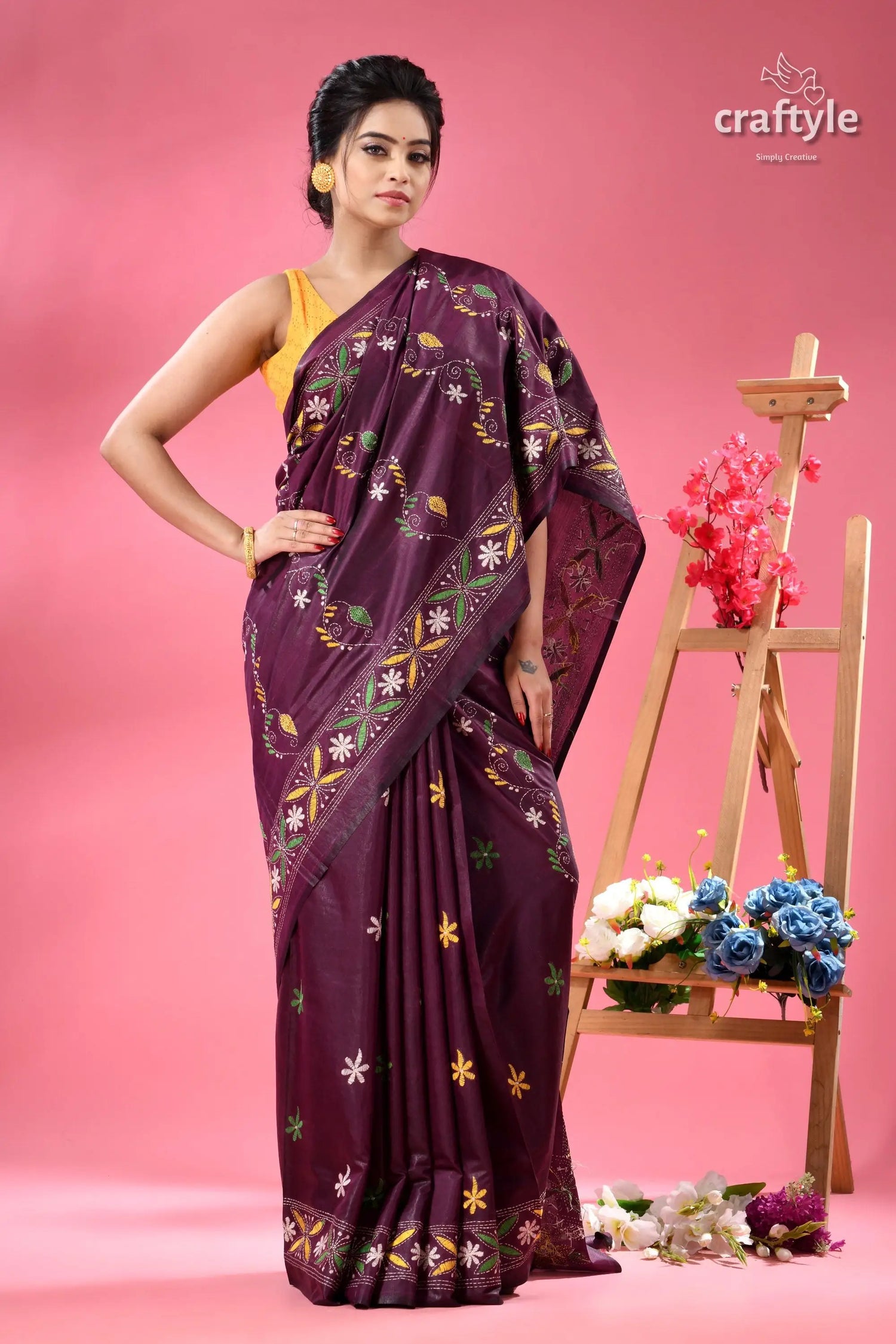 Handcrafted designer plum kantha stitch saree woman dark purple silk saree 3