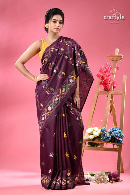 Handcrafted designer plum kantha stitch saree woman dark purple silk saree 3