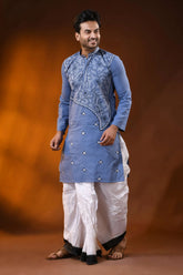 Handcrafted dusty blue cotton kantha punjabi for men - floral vine design 6