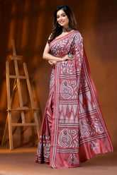 Handcrafted dusty pink kantha embroidery silk saree paisley motif 3