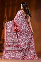 Handcrafted dusty pink kantha embroidery silk saree paisley motif 5