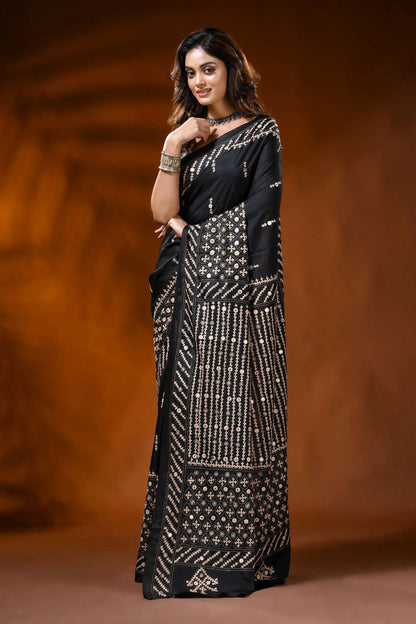 Handcrafted ebony black kutch embroidered silk saree with mirror detailing 6