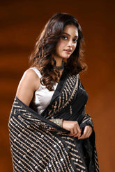 Handcrafted ebony black kutch embroidered silk saree with mirror detailing 2