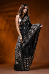 Handcrafted ebony black kutch embroidered silk saree with mirror detailing 4