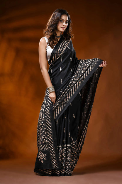 Handcrafted ebony black kutch embroidered silk saree with mirror detailing 4
