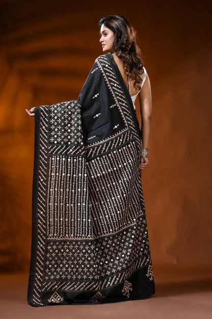 Handcrafted ebony black kutch embroidered silk saree with mirror detailing 5