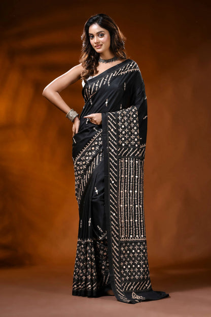 Handcrafted ebony black kutch embroidered silk saree with mirror detailing 1