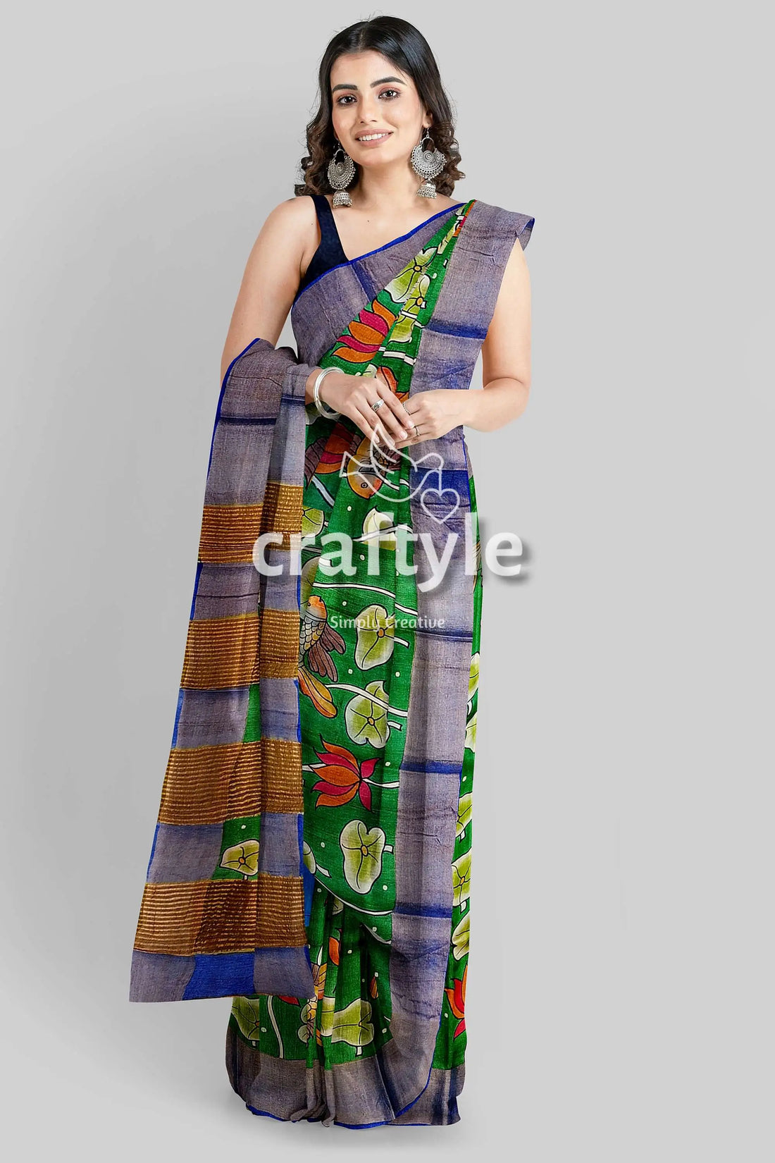 Handcrafted fish motif pure tussar kalamkari saree with zari border - spanish green green floral saree striped border 2