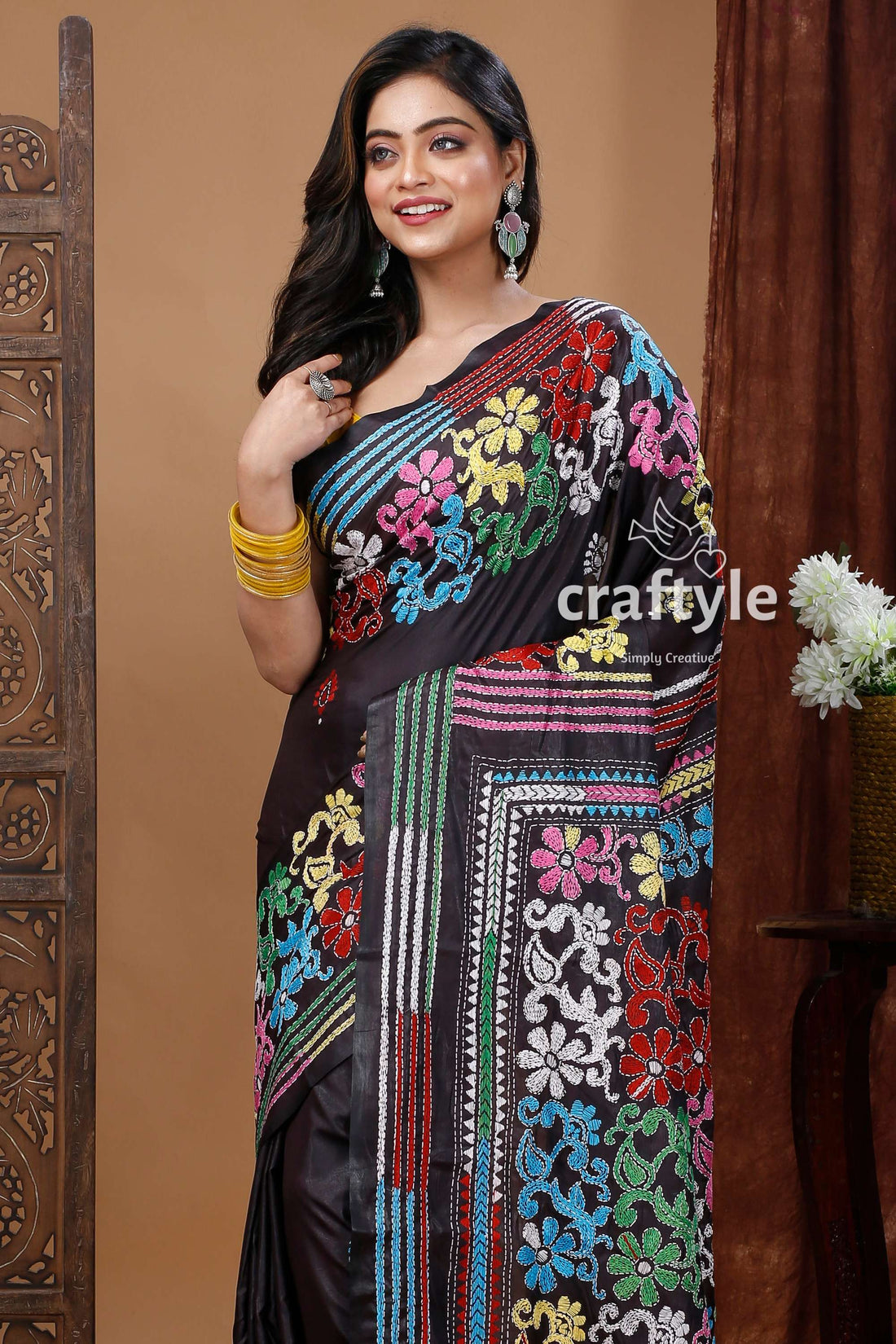 Handcrafted Floral Black Kantha Silk Saree - Santiniketan Bengal - Craftyle