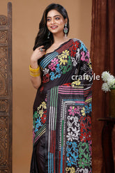 Handcrafted Floral Black Kantha Silk Saree - Santiniketan Bengal - Craftyle