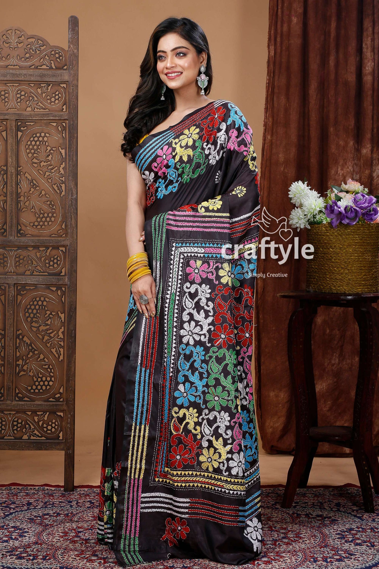 Handcrafted Floral Black Kantha Silk Saree - Santiniketan Bengal - Craftyle