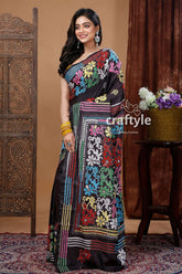 Handcrafted Floral Black Kantha Silk Saree - Santiniketan Bengal - Craftyle