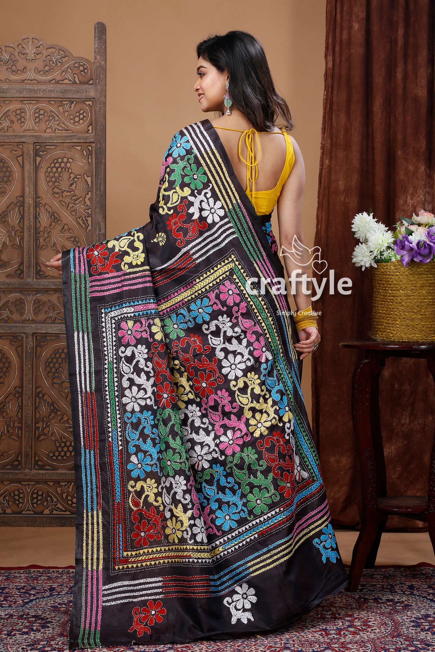 Handcrafted Floral Black Kantha Silk Saree - Santiniketan Bengal - Craftyle