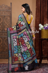 Handcrafted Floral Black Kantha Silk Saree - Santiniketan Bengal - Craftyle