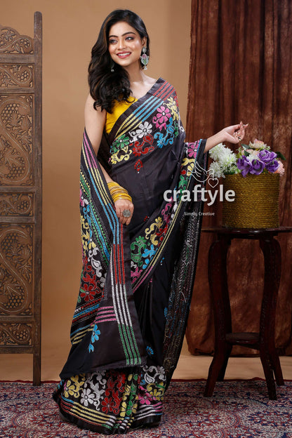 Handcrafted Floral Black Kantha Silk Saree - Santiniketan Bengal - Craftyle