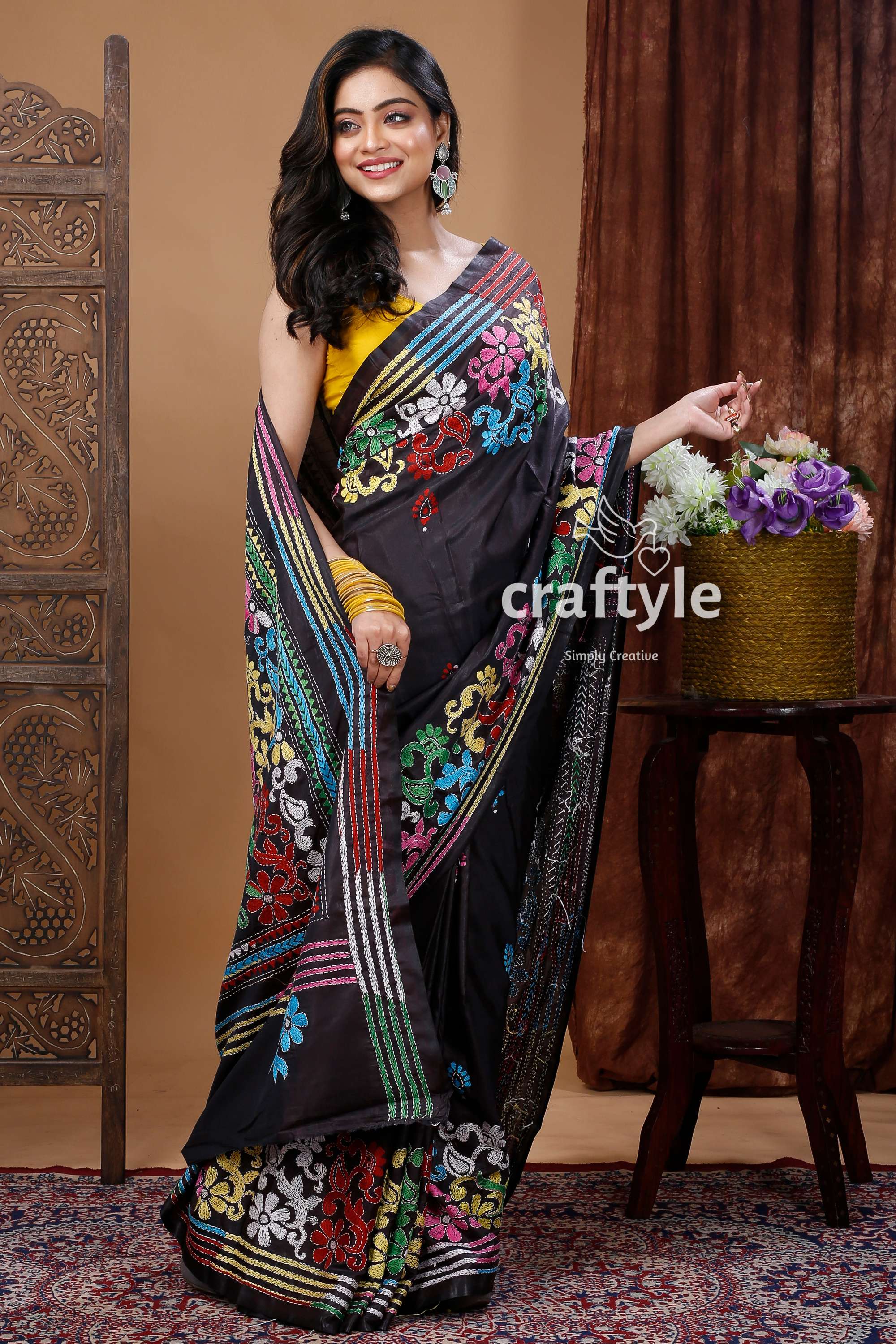 Handcrafted Floral Black Kantha Silk Saree - Santiniketan Bengal-Craftyle