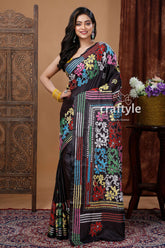 Handcrafted Floral Black Kantha Silk Saree - Santiniketan Bengal - Craftyle