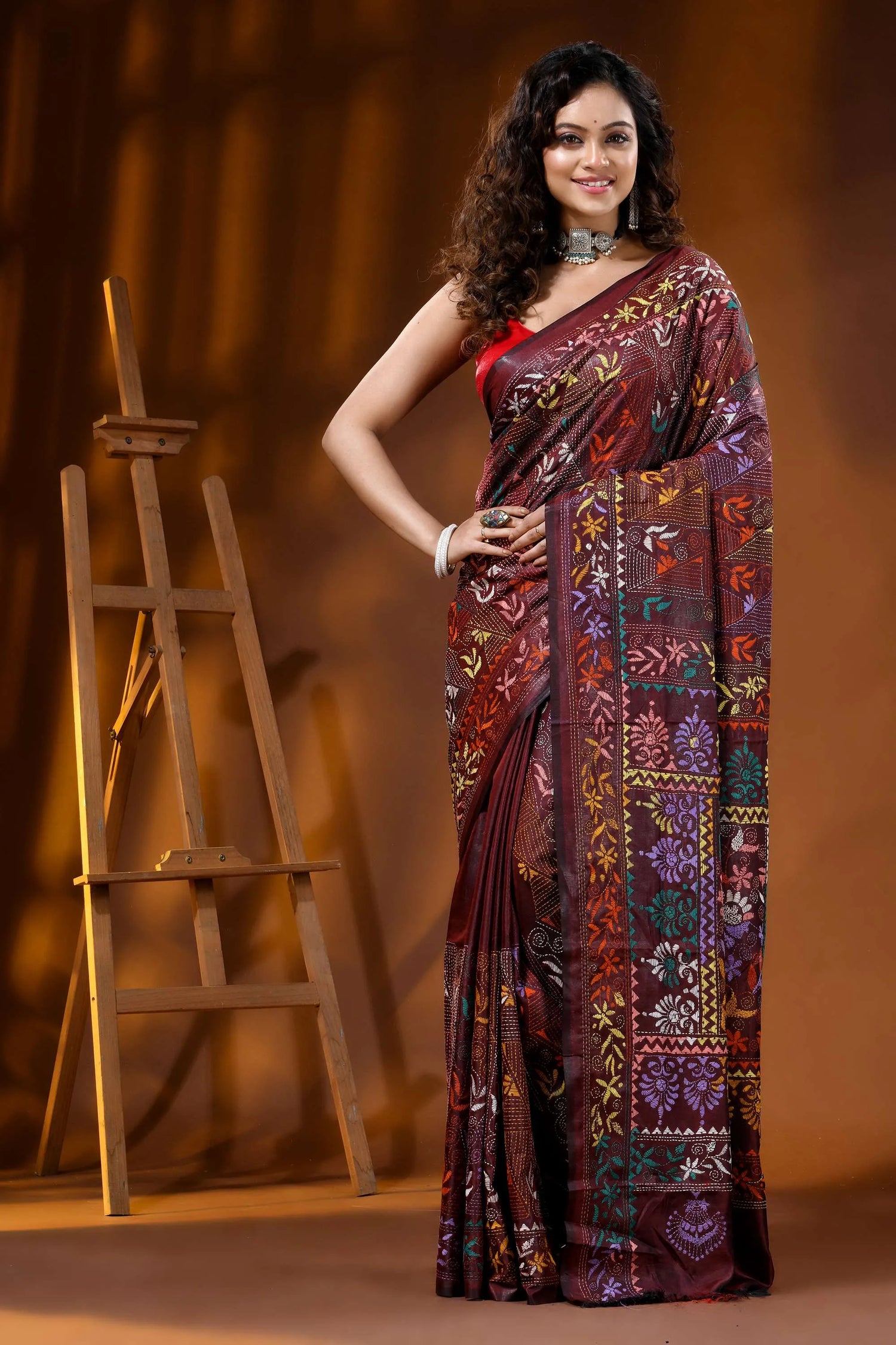 Handcrafted floral design kantha embroidery silk saree in crater brown 1