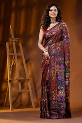 Handcrafted floral design kantha embroidery silk saree in crater brown 6
