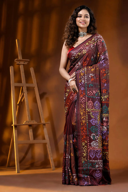 Handcrafted floral design kantha embroidery silk saree in crater brown 6