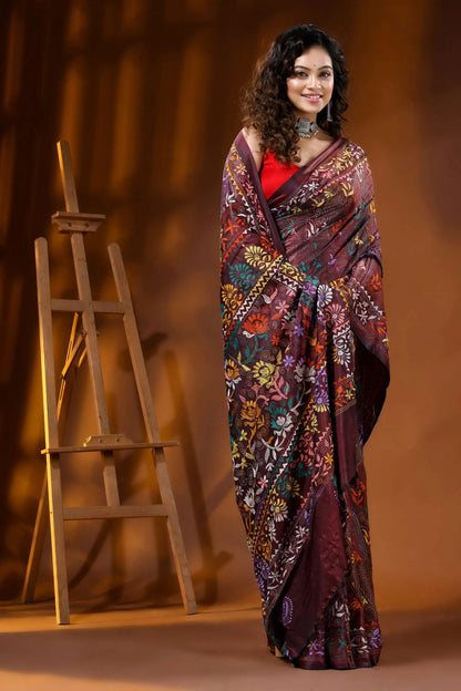 Handcrafted floral design kantha embroidery silk saree in crater brown 4