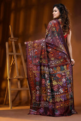 Handcrafted floral design kantha embroidery silk saree in crater brown 5