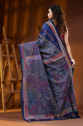 Handcrafted floral design navy blue kantha embroidery silk saree - reverse stitch 5