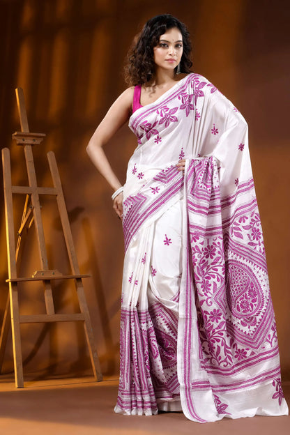 Handcrafted floral motif daisy white silk kantha embroidery saree 1