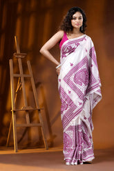 Handcrafted floral motif daisy white silk kantha embroidery saree 4