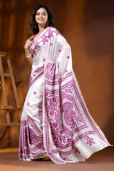 Handcrafted floral motif daisy white silk kantha embroidery saree 3