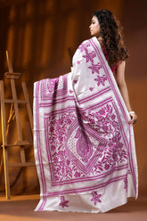 Handcrafted floral motif daisy white silk kantha embroidery saree 5