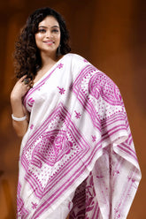 Handcrafted floral motif daisy white silk kantha embroidery saree 2