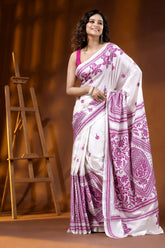 Handcrafted floral motif daisy white silk kantha embroidery saree 6