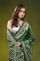 Handcrafted forest green circular motif kutch embroidery silk saree 2