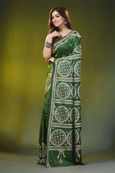 Handcrafted forest green circular motif kutch embroidery silk saree 3