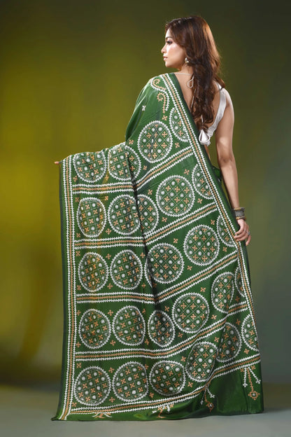Handcrafted forest green circular motif kutch embroidery silk saree 4